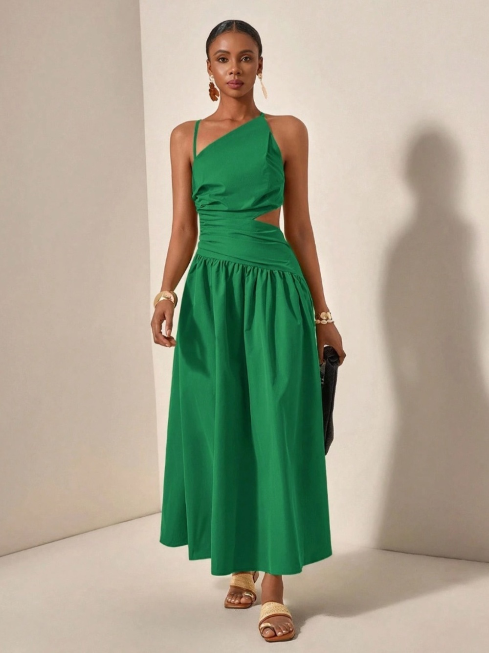 Asymmetrical Green Dress Cut Out Ruched Maxi Lace Up Back